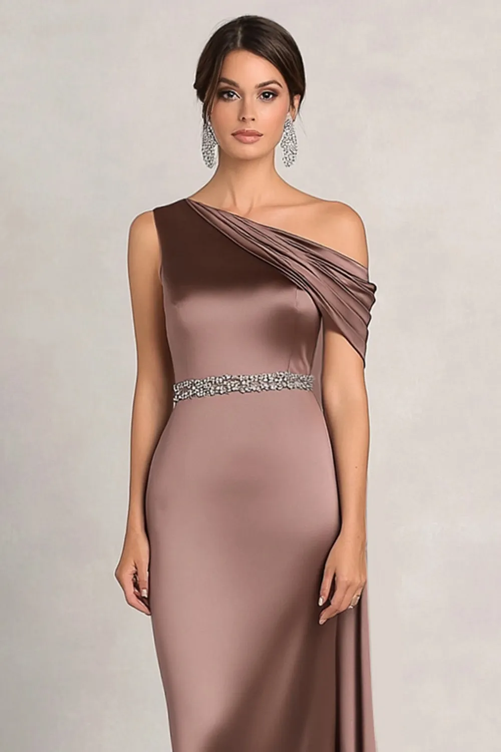 Taupe Sheath One Shoulder Ruched Rhinetones Satin Mother Of the Bride Dress sold by Zapaka product image thumbnail 2