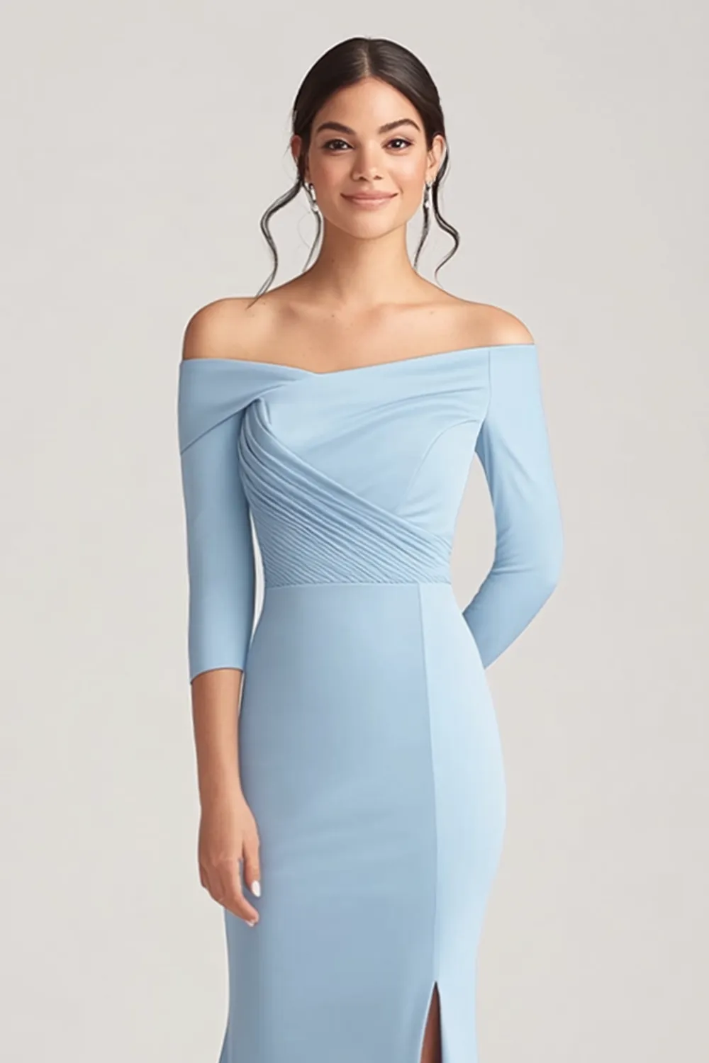 Sky Blue Mermaid Off the Shoulder Long Sleeves Ruched Mother of the Bride Dress with Slit sold by Zapaka product image thumbnail 2