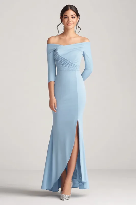 Sky Blue Mermaid Off the Shoulder Long Sleeves Ruched Mother of the Bride Dress with Slit sold by Zapaka