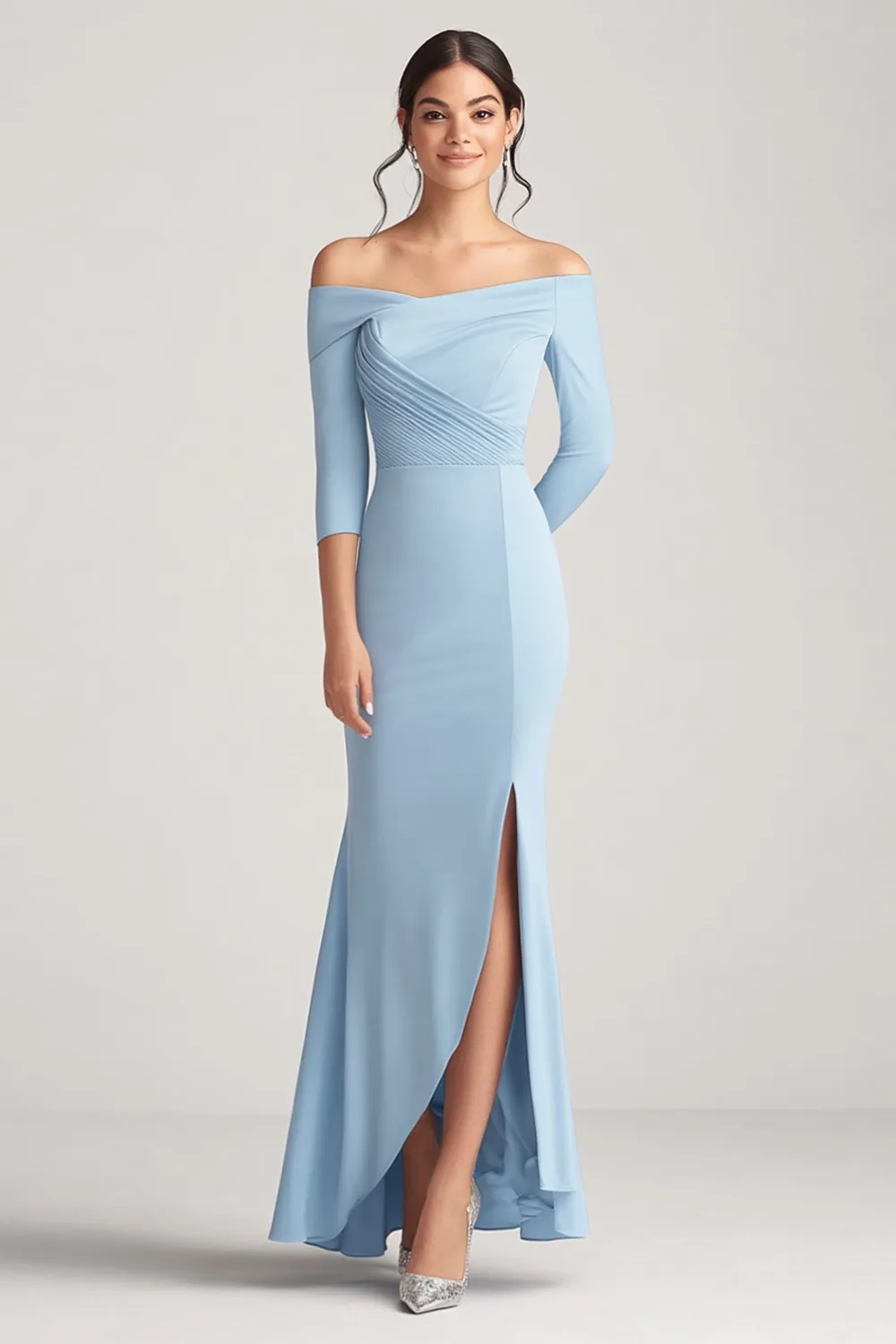 Sky Blue Mermaid Off the Shoulder Long Sleeves Ruched Mother of the Bride Dress with Slit sold by Zapaka