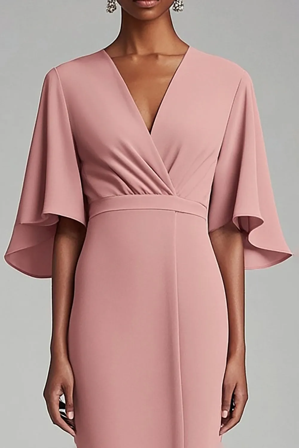 Pink V Neck Bodycon Chiffon Long Mother Dress with 1/2 Sleeves sold by Zapaka product image thumbnail 2
