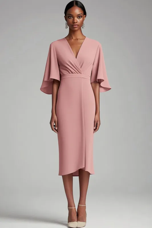 Pink V Neck Bodycon Chiffon Long Mother Dress with 1/2 Sleeves sold by Zapaka