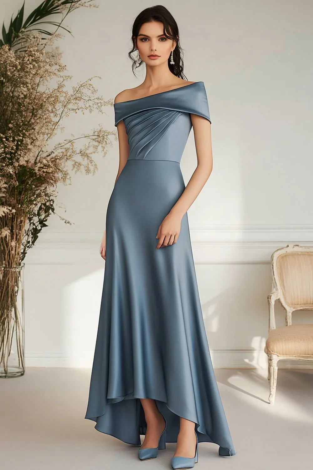 Grey Blue Long Boat Neck A Line Satin Long Mother Of Bride Dress sold by Zapaka