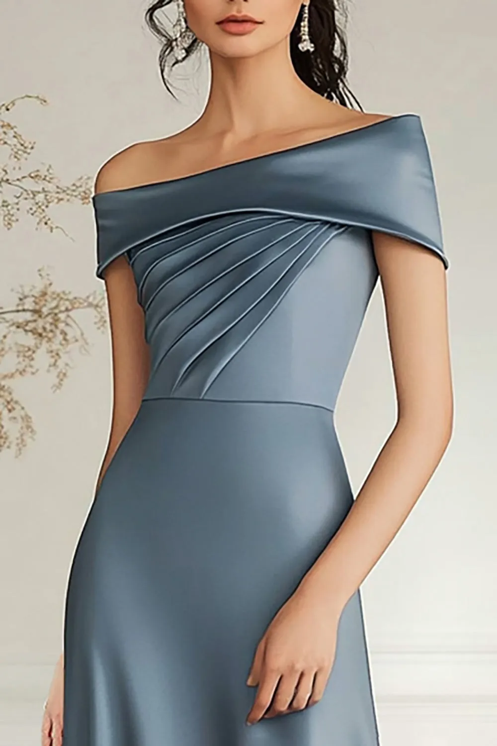 Grey Blue Long Boat Neck A Line Satin Long Mother Of Bride Dress sold by Zapaka product image thumbnail 2