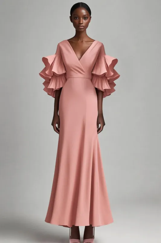 Grey Pink V Neck Mermaid Long Mother Dress with Ruffles sold by Zapaka