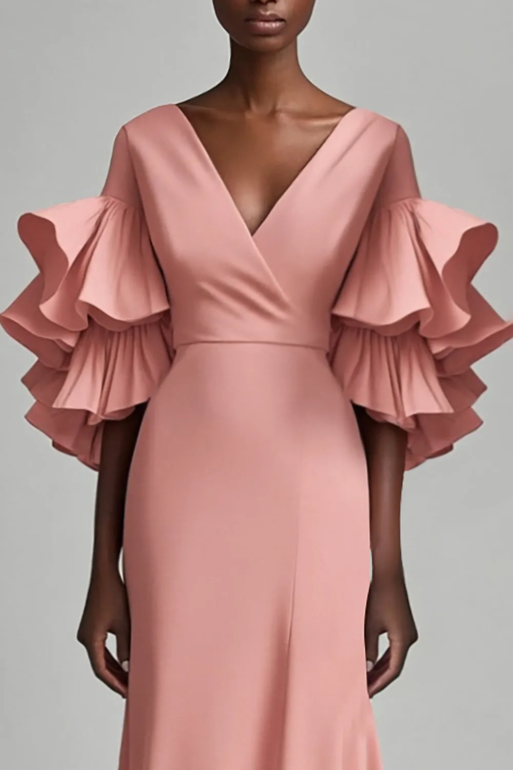 Grey Pink V Neck Mermaid Long Mother Dress with Ruffles sold by Zapaka product image thumbnail 2