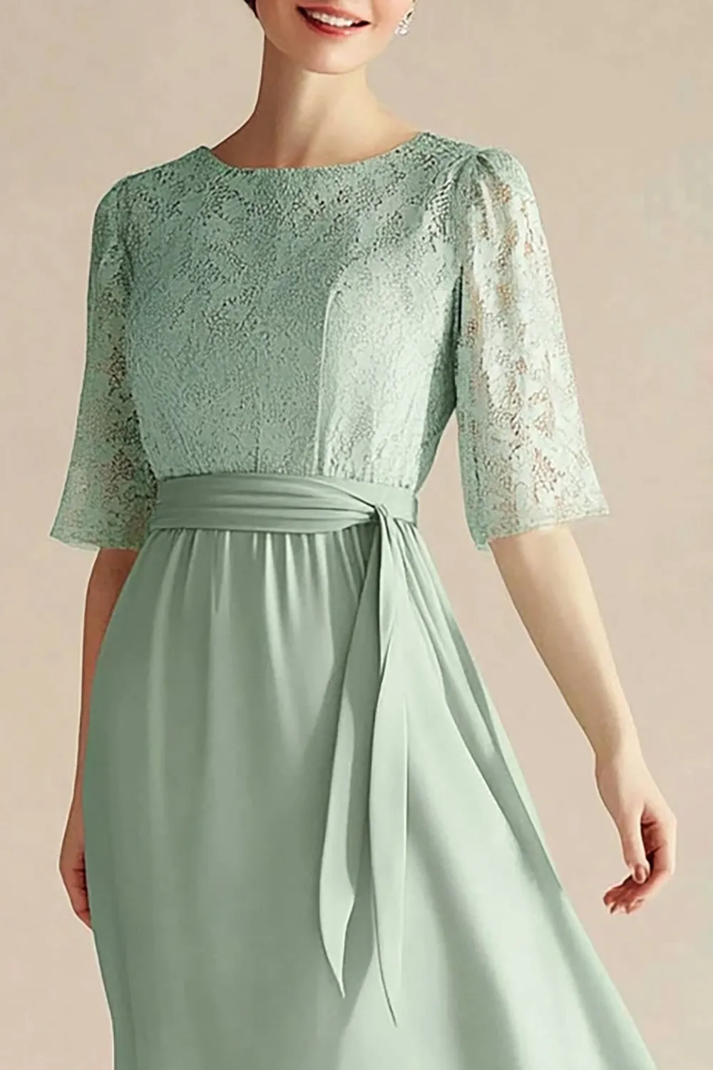 Light Green Chiffon Boat Neck A Line 3/4 Sleeves Calf Length Mother Dress sold by Zapaka product image thumbnail 2