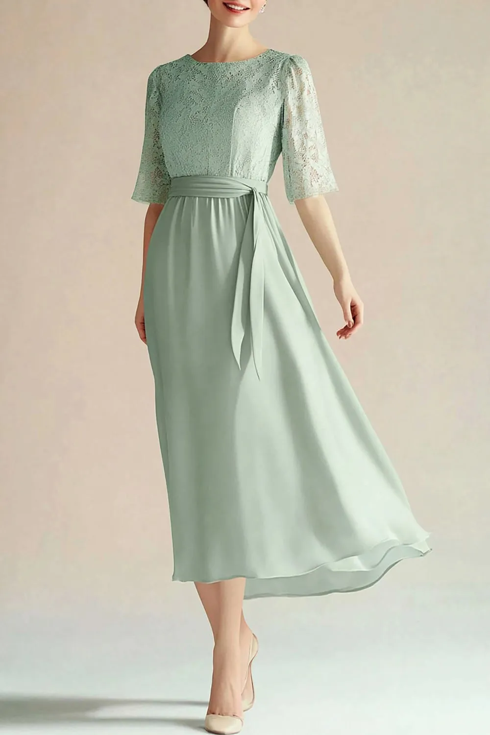 Light Green Chiffon Boat Neck A Line 3/4 Sleeves Calf Length Mother Dress sold by Zapaka