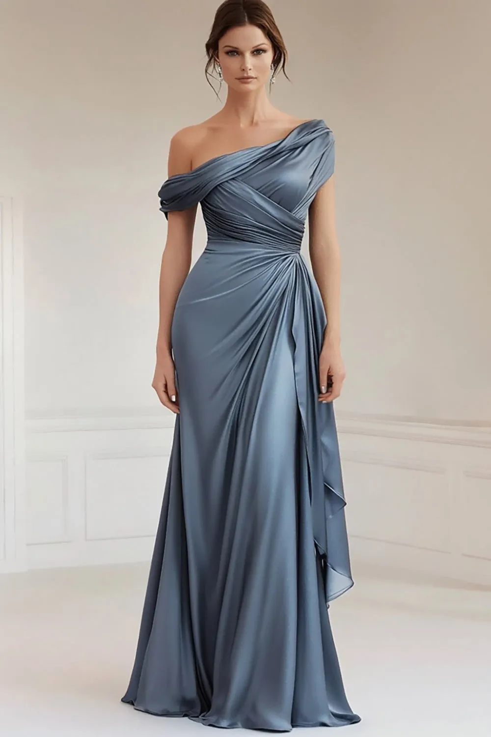 Mermaid Grey Blue One Shoulder Satin Ruched Mother Of Bride Dress with Ruffles sold by Zapaka