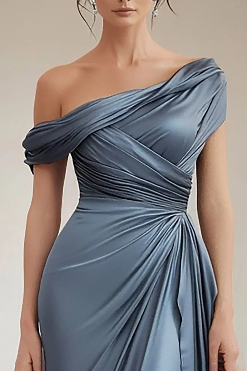 Mermaid Grey Blue One Shoulder Satin Ruched Mother Of Bride Dress with Ruffles sold by Zapaka product image thumbnail 2