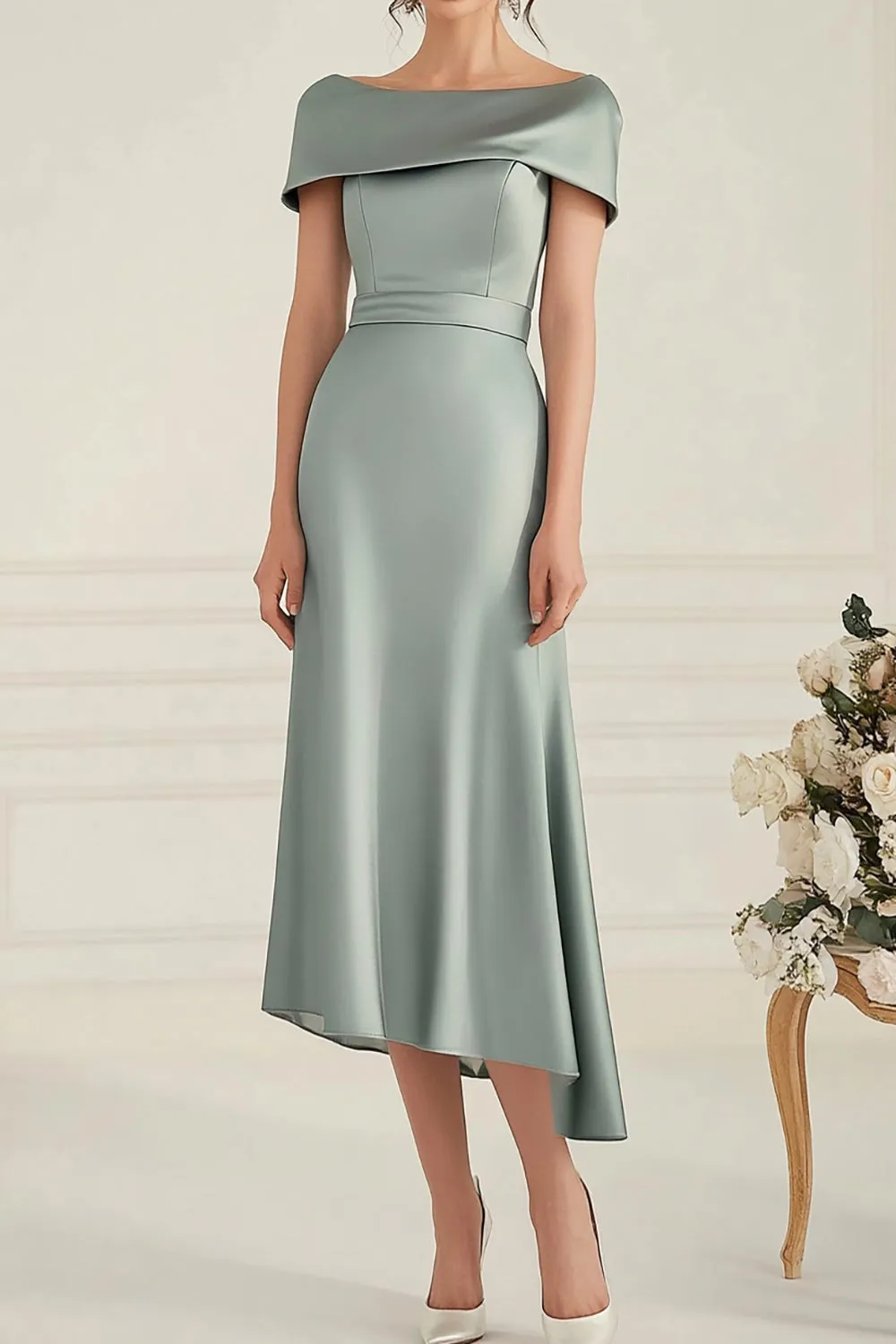Mermaid Grey Long Boat Neck Satin Calf Length Mother Of Bride Dress sold by Zapaka