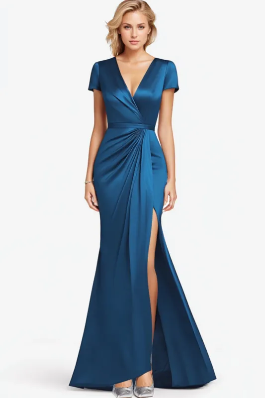 Mermaid V-Neck Blue Ruched Sleeves Full Length Mother Dress with Slit sold by Zapaka
