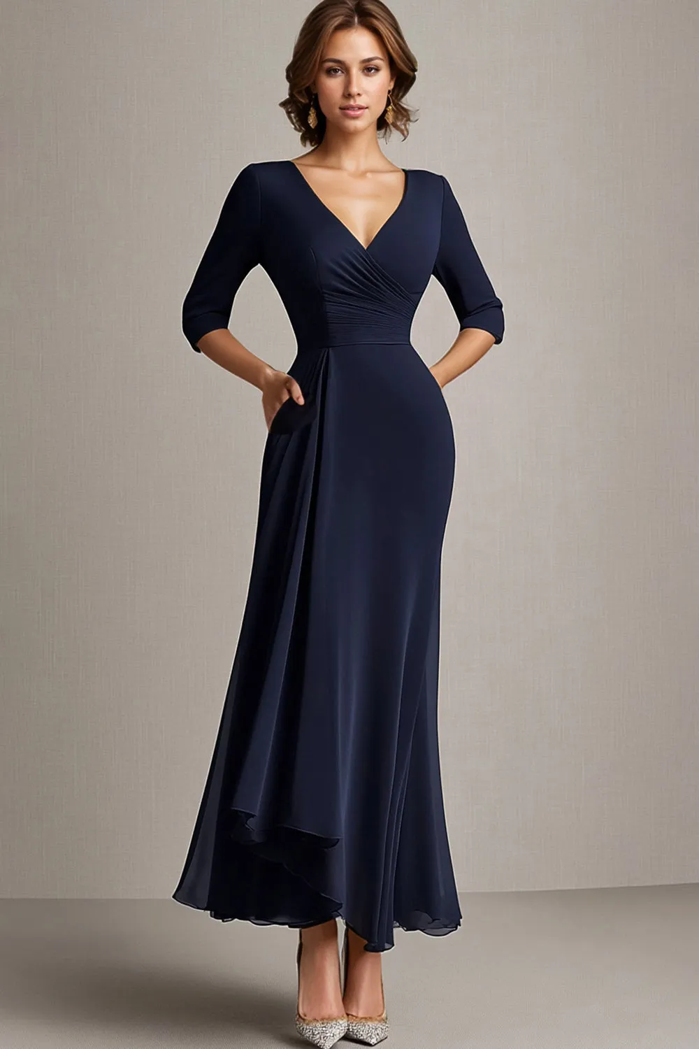 Navy A-Line Chiffon V-Neck Long Mother of the Bride Dress with Half Sleeves sold by Zapaka