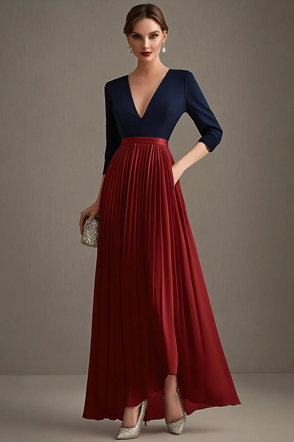 Navy and Red V-neck A-Line Chiffon Mother of the Bride Dress sold by Zapaka