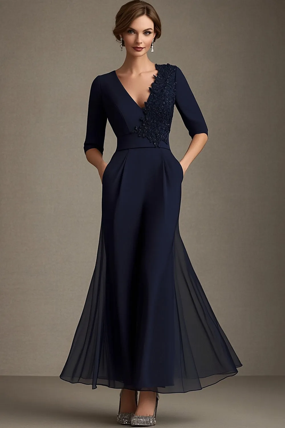 Navy V-neck Chiffon A-Line Half Sleeves Mother of the Bride Dress with Appliques sold by Zapaka