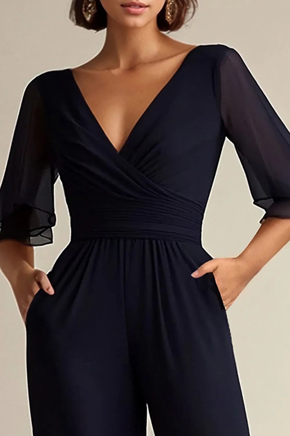 Navy V-neck Half Sleeves Chiffon Mother of the Bride Jumpsuits sold by Zapaka product image thumbnail 2