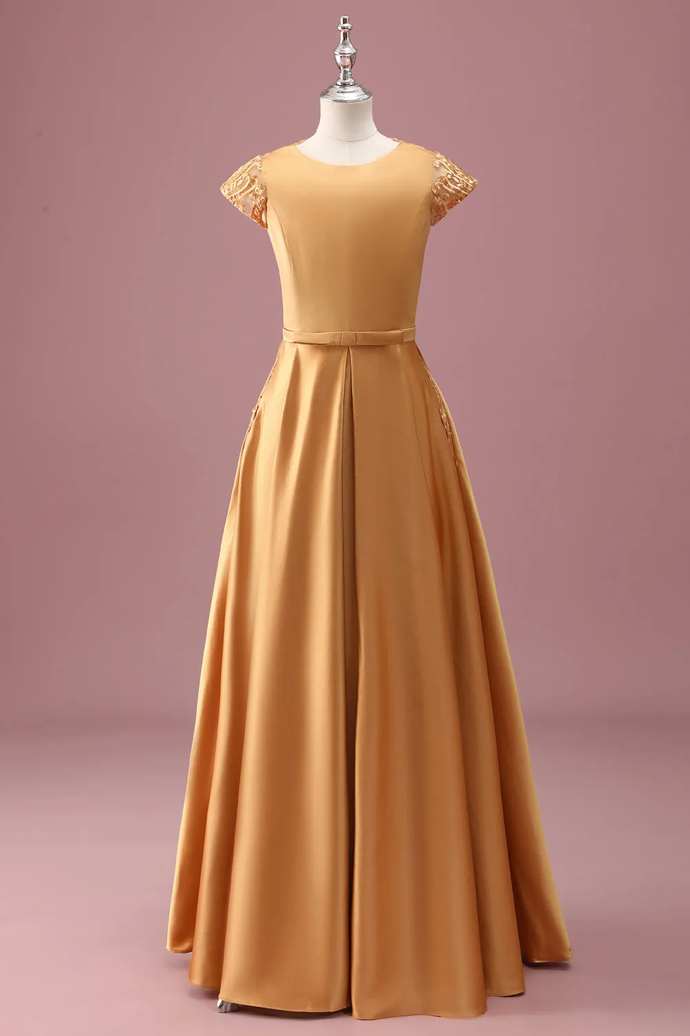 Golden Round Neck Chiffon A Line Short Sleeves Junior Bridesmaid Dress sold by Zapaka