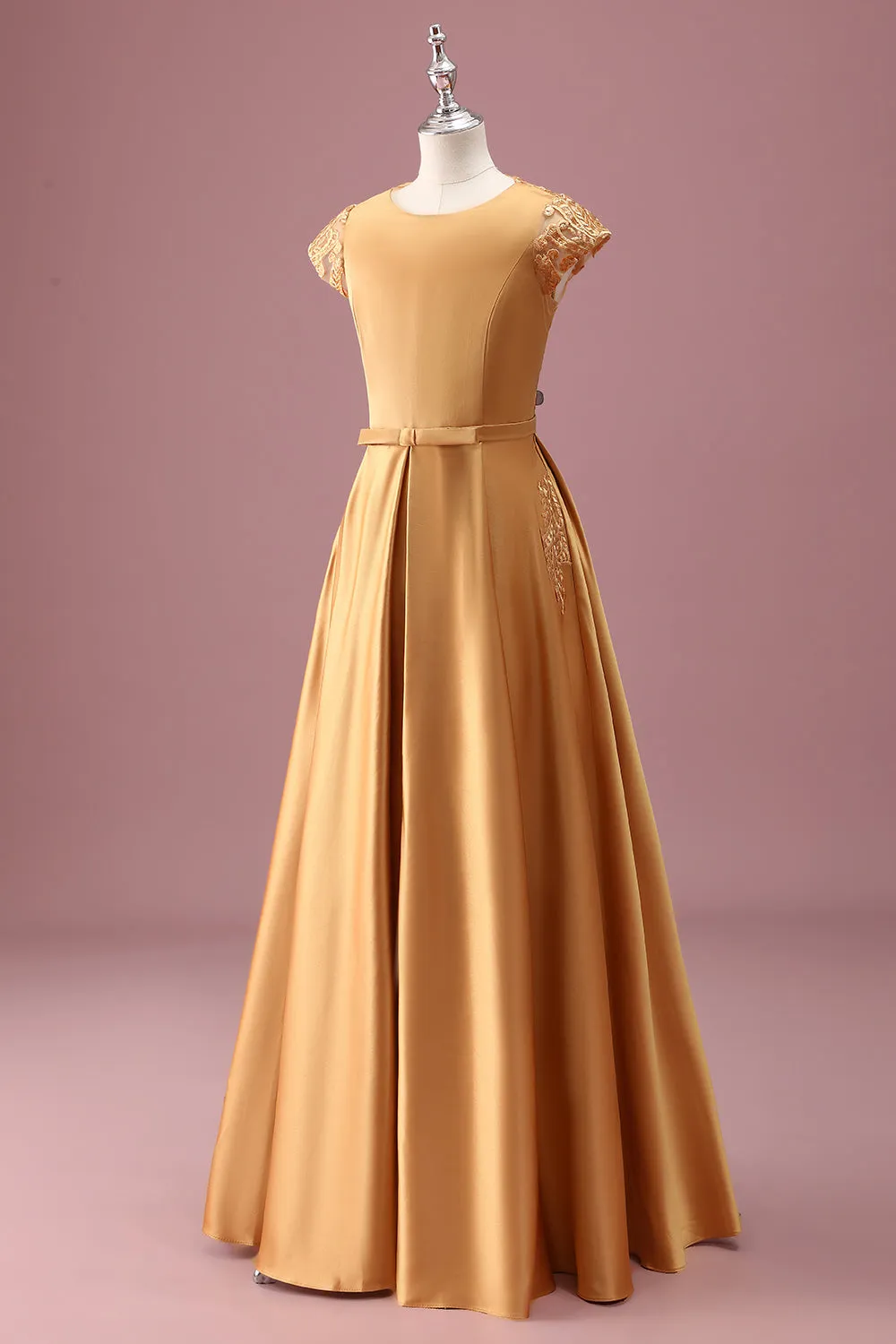 Golden Round Neck Chiffon A Line Short Sleeves Junior Bridesmaid Dress sold by Zapaka product image thumbnail 3