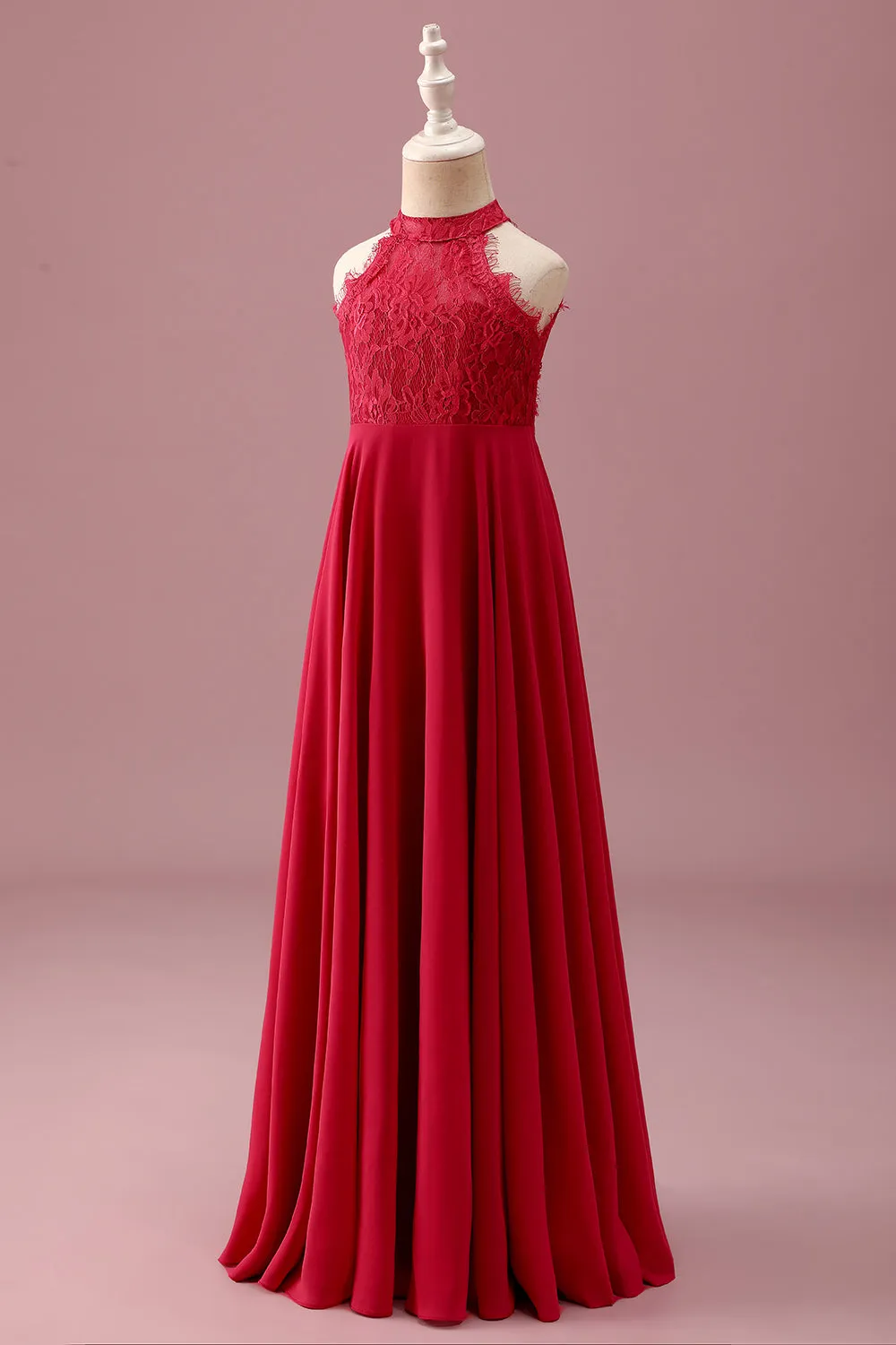 Lace Halter Red A Line Chiffon Ruched Junior Bridesmaid Dress sold by Zapaka product image thumbnail 3