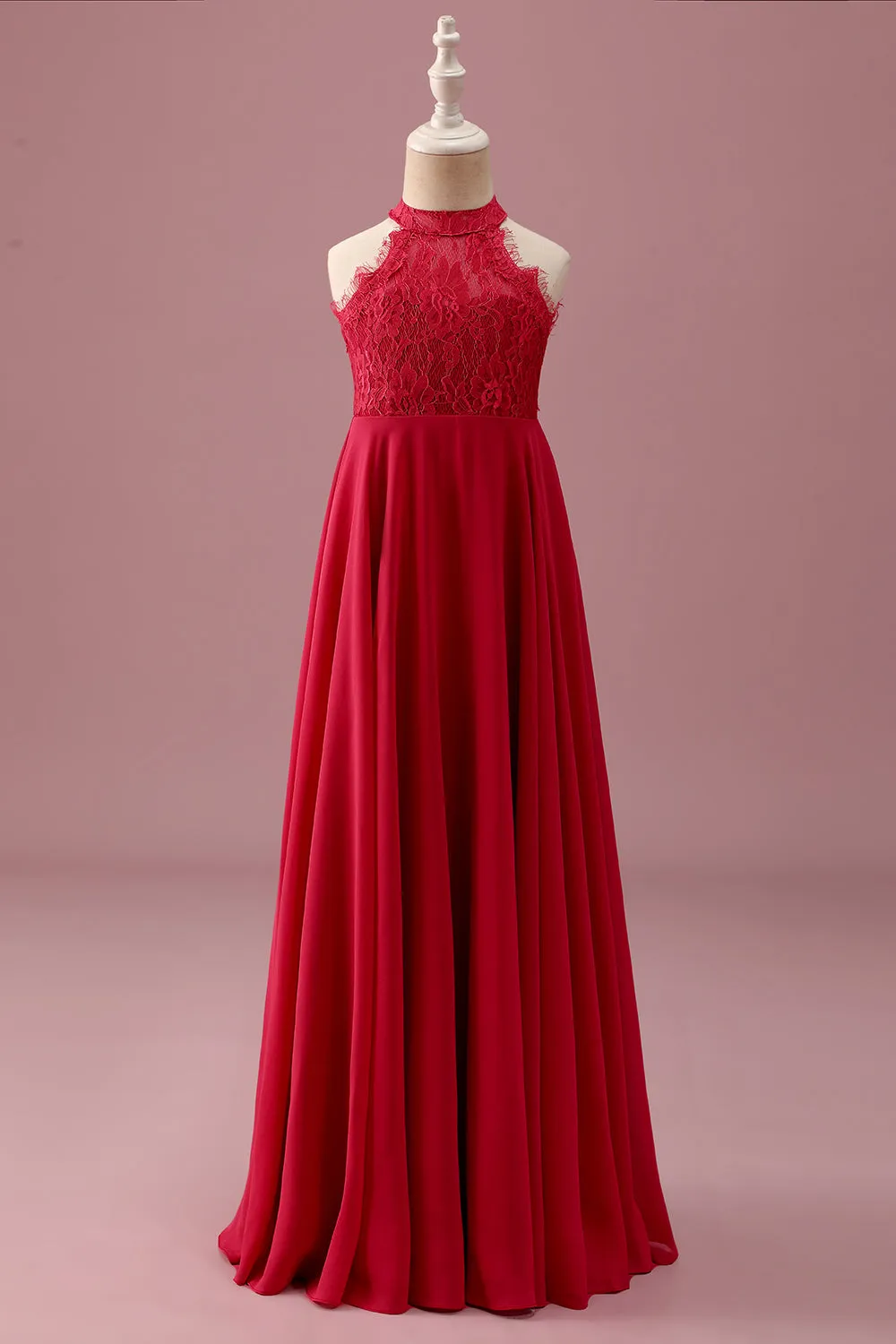 Lace Halter Red A Line Chiffon Ruched Junior Bridesmaid Dress sold by Zapaka