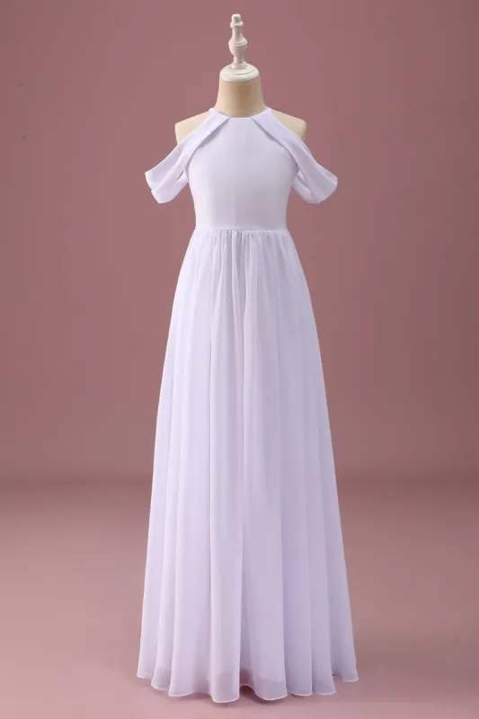 White A Line Off The Shoulder Chiffon Ruched Junior Bridesmaid Dress sold by Zapaka