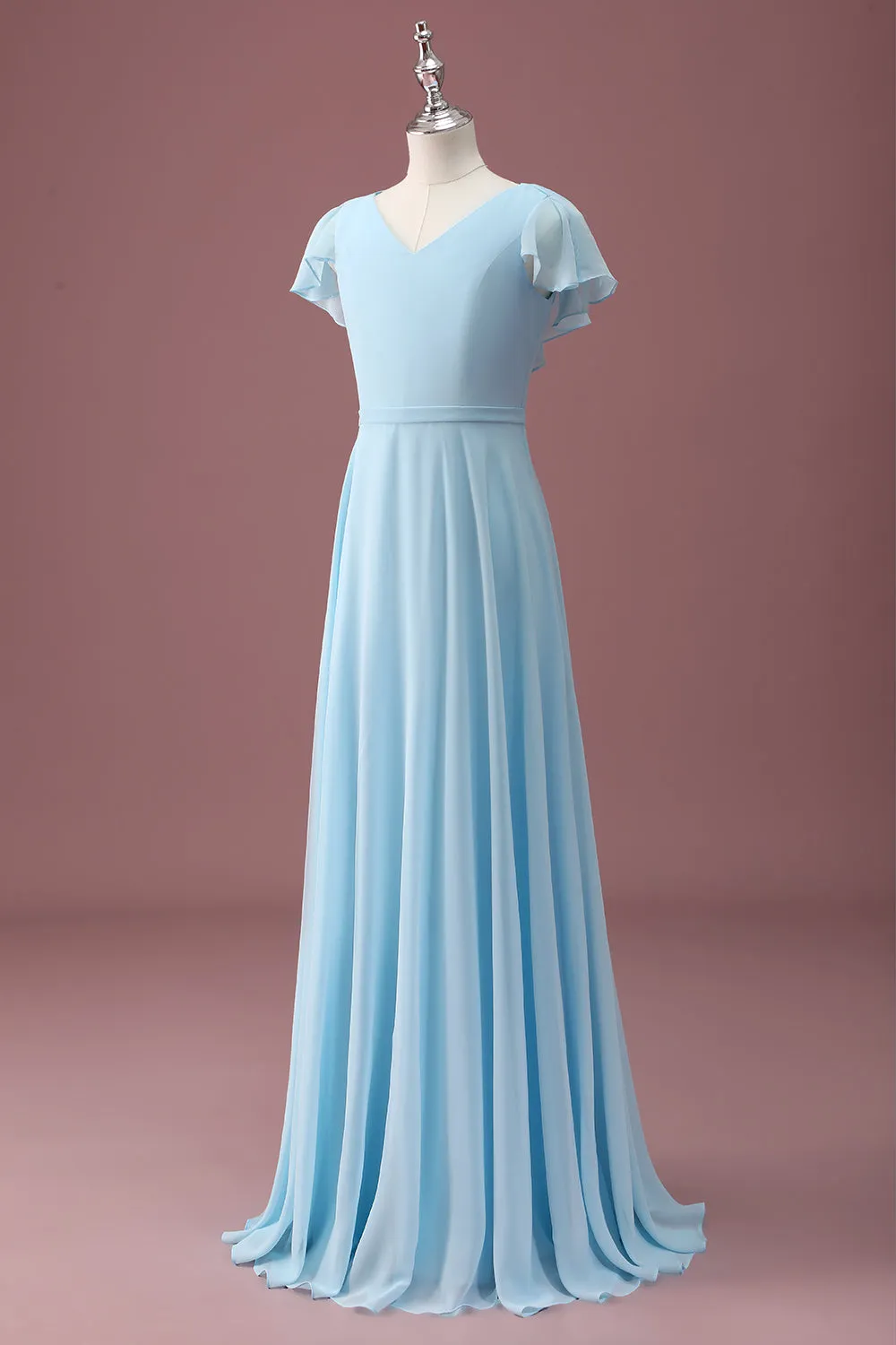 Sky Blue A Line V-Neck Ruched Chiffon Junior Bridesmaid Dress sold by Zapaka product image thumbnail 3