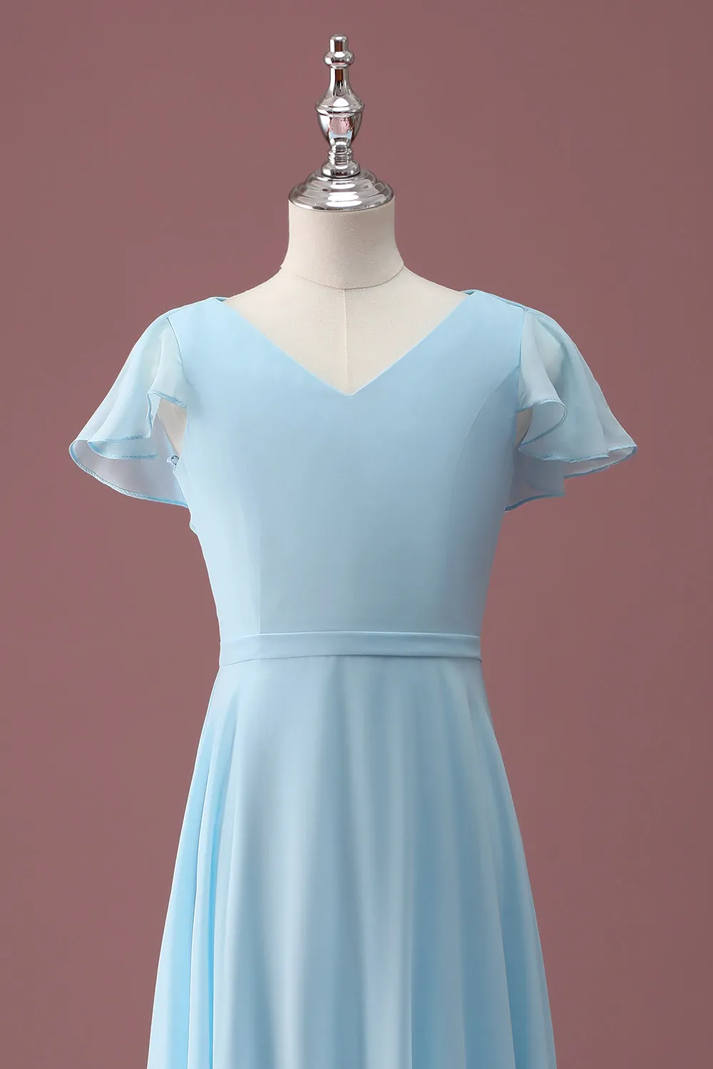 Sky Blue A Line V-Neck Ruched Chiffon Junior Bridesmaid Dress sold by Zapaka product image thumbnail 4