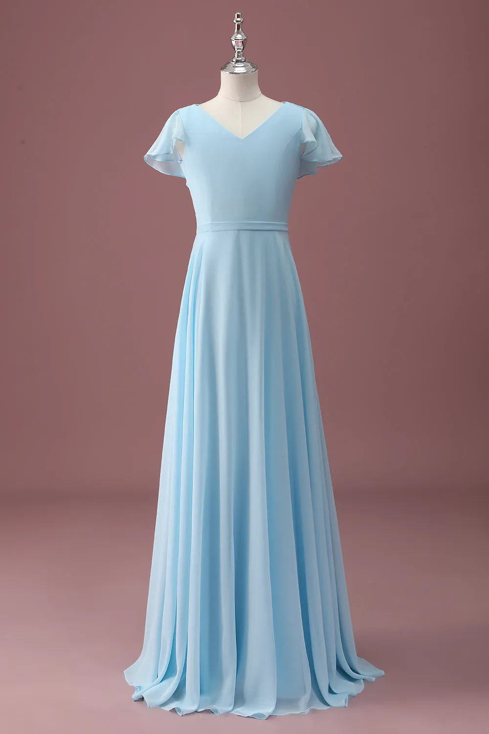 Sky Blue A Line V-Neck Ruched Chiffon Junior Bridesmaid Dress sold by Zapaka