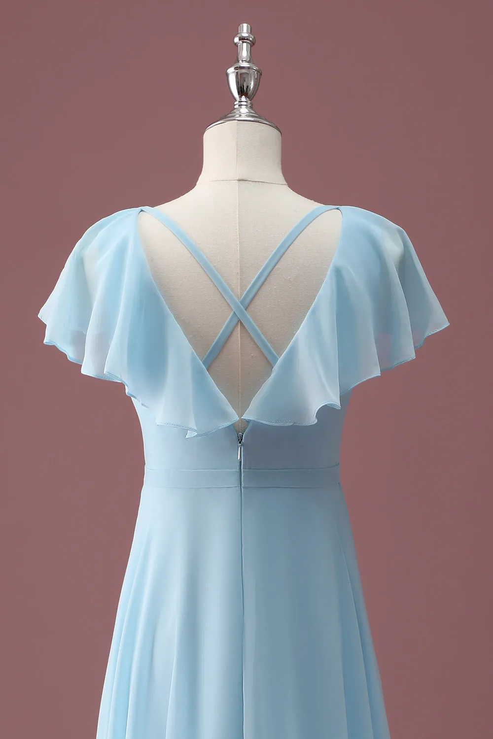 Sky Blue A Line V-Neck Ruched Chiffon Junior Bridesmaid Dress sold by Zapaka product image thumbnail 5