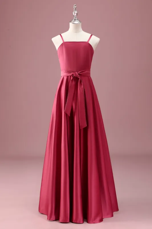 Dark Red A Line Spaghetti Straps Ruched Junior Bridesmaid Dress sold by Zapaka