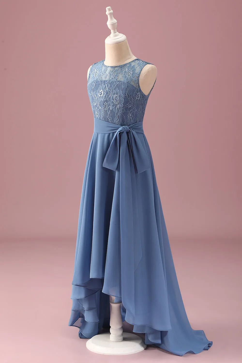 Dusty Blue A Line Lace Chiffon Ruffles Junior Bridesmaid Dress With Belt sold by Zapaka product image thumbnail 3