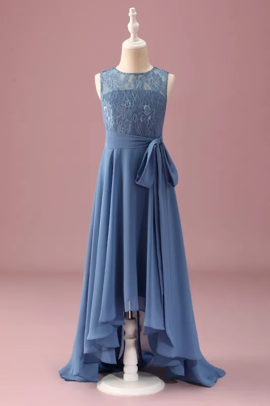 Dusty Blue A Line Lace Chiffon Ruffles Junior Bridesmaid Dress With Belt sold by Zapaka