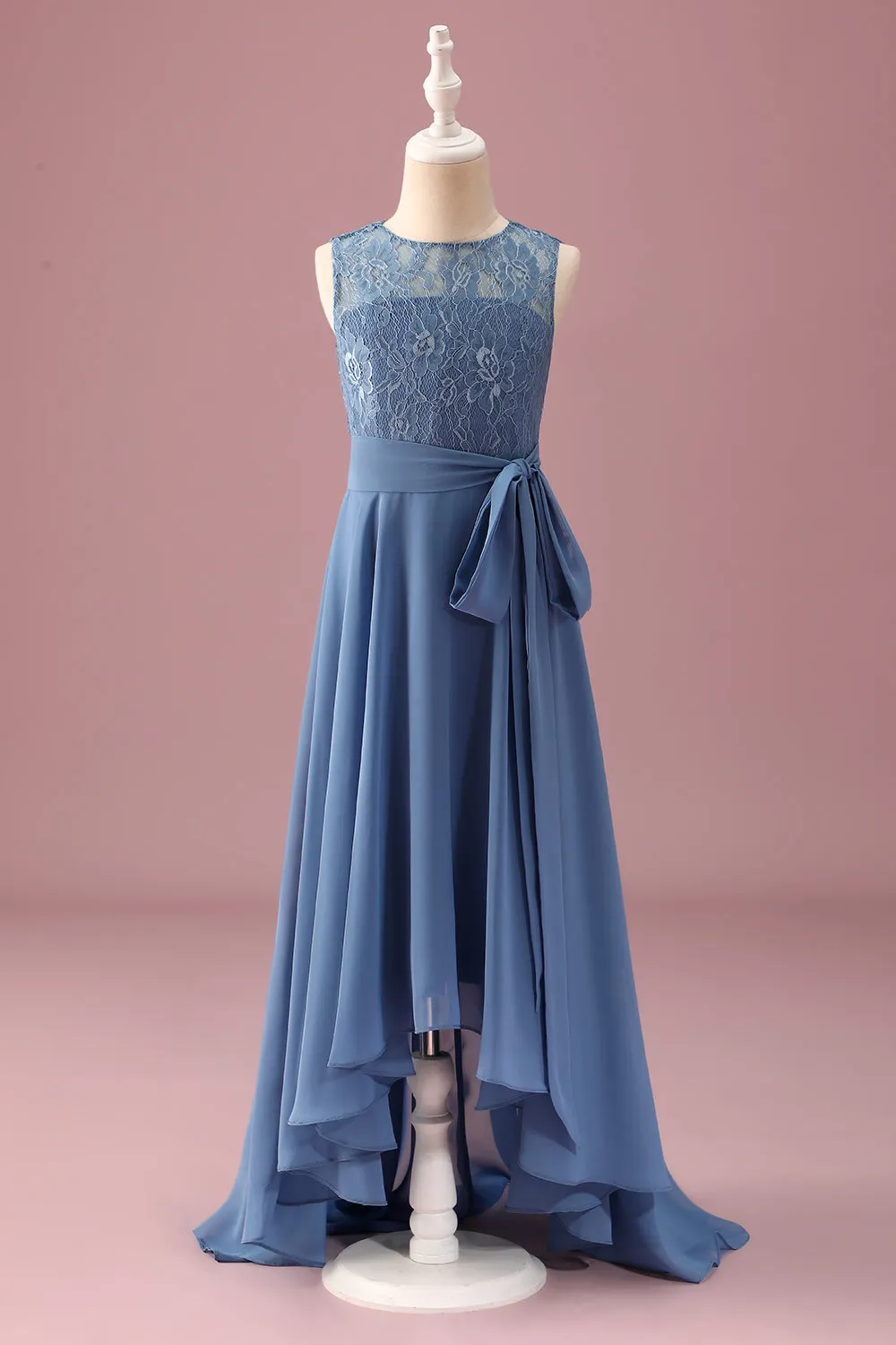 Dusty Blue A Line Lace Chiffon Ruffles Junior Bridesmaid Dress With Belt sold by Zapaka