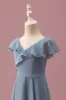 Dusty Blue Chiffon V Neck Wrap Short Junior Bridesmaid Dress with Flutter Sleeves sold by Zapaka