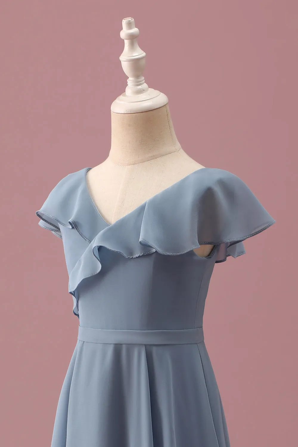 Dusty Blue Chiffon V Neck Wrap Short Junior Bridesmaid Dress with Flutter Sleeves sold by Zapaka product image thumbnail 5