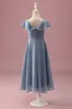 Dusty Blue Chiffon V Neck Wrap Short Junior Bridesmaid Dress with Flutter Sleeves sold by Zapaka