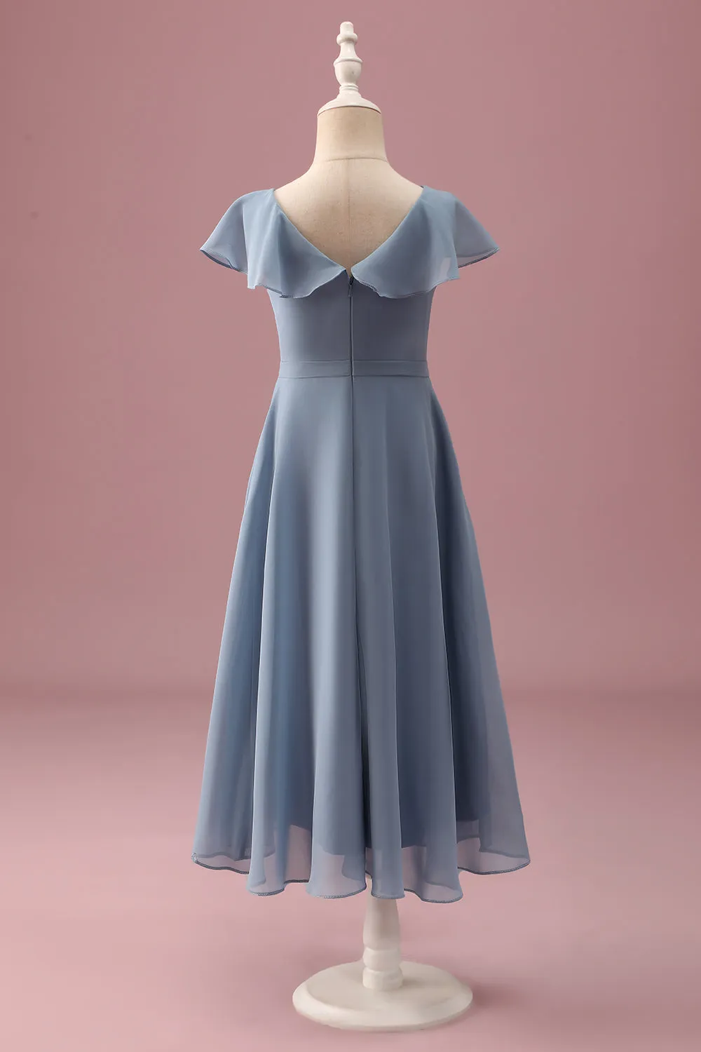 Dusty Blue Chiffon V Neck Wrap Short Junior Bridesmaid Dress with Flutter Sleeves sold by Zapaka product image thumbnail 2
