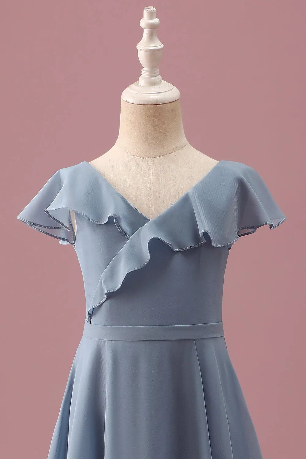 Dusty Blue Chiffon V Neck Wrap Short Junior Bridesmaid Dress with Flutter Sleeves sold by Zapaka product image thumbnail 3