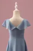 Dusty Blue Chiffon V Neck Wrap Short Junior Bridesmaid Dress with Flutter Sleeves sold by Zapaka
