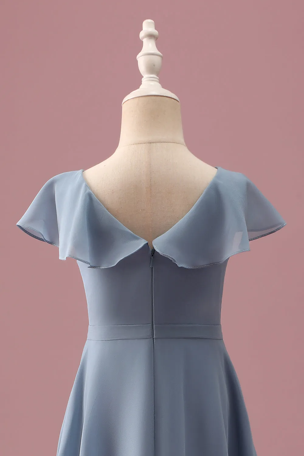 Dusty Blue Chiffon V Neck Wrap Short Junior Bridesmaid Dress with Flutter Sleeves sold by Zapaka product image thumbnail 4