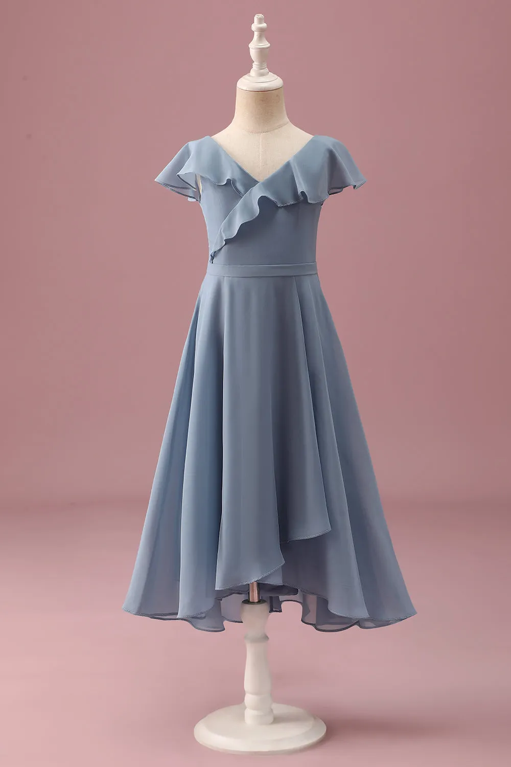 Dusty Blue Chiffon V Neck Wrap Short Junior Bridesmaid Dress with Flutter Sleeves sold by Zapaka