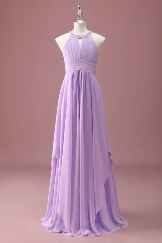 Lilac Beaded Keyhole Halter A Line Long Pleated Junior Bridesmaid Dress sold by Zapaka
