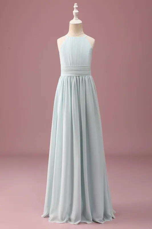 Mint Halter A-Line Pleated Long Junior Bridesmaid Dress sold by Zapaka