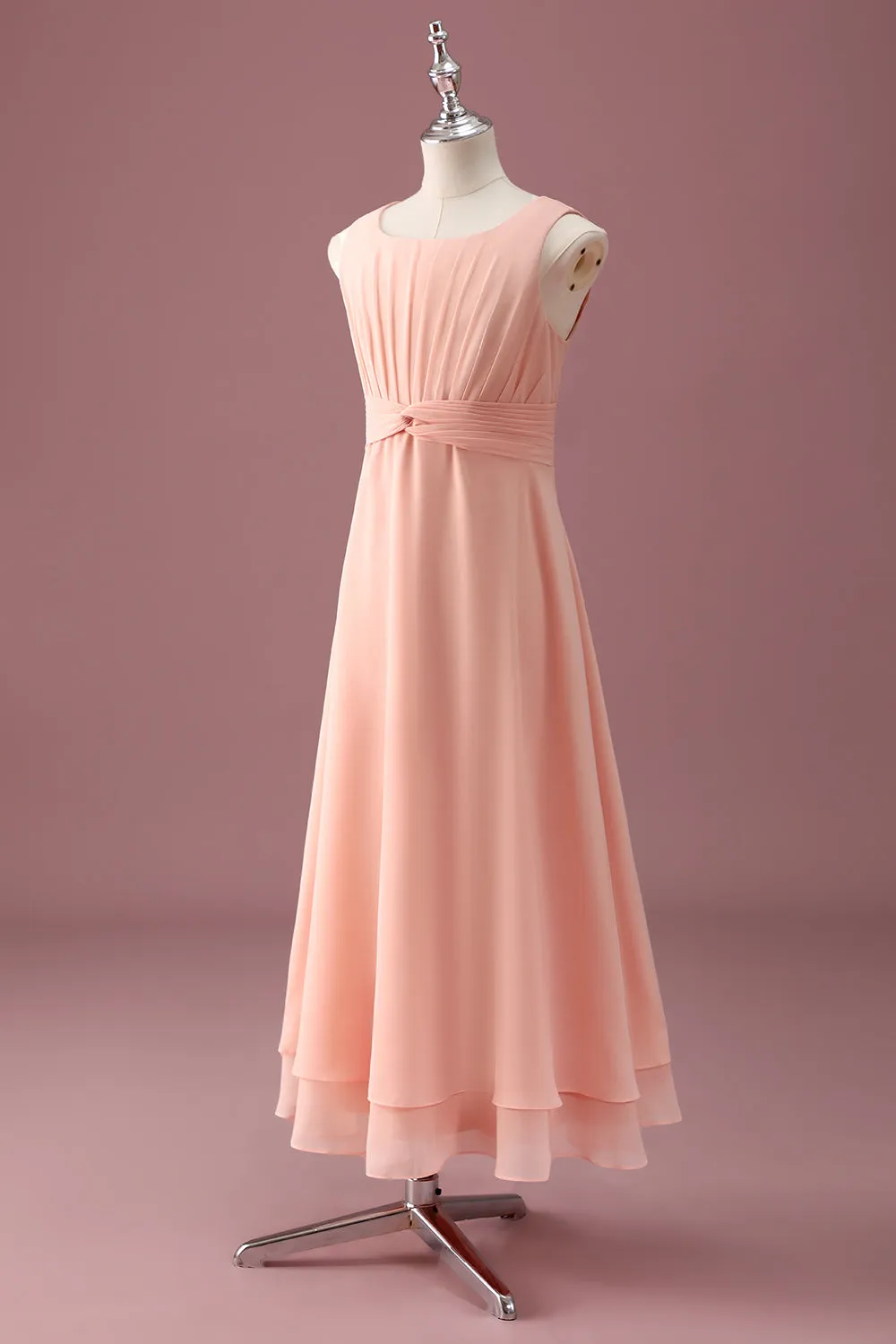 Peach Square Neck Pleated Chiffon A Line Junior Bridesmaid Dress sold by Zapaka product image thumbnail 3