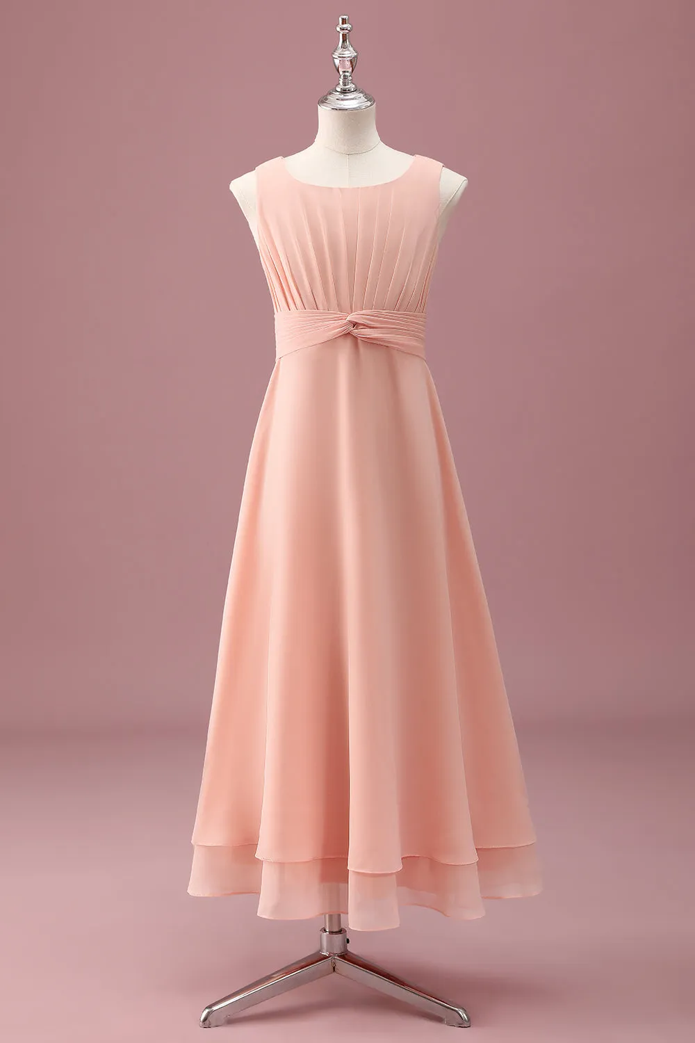 Peach Square Neck Pleated Chiffon A Line Junior Bridesmaid Dress sold by Zapaka