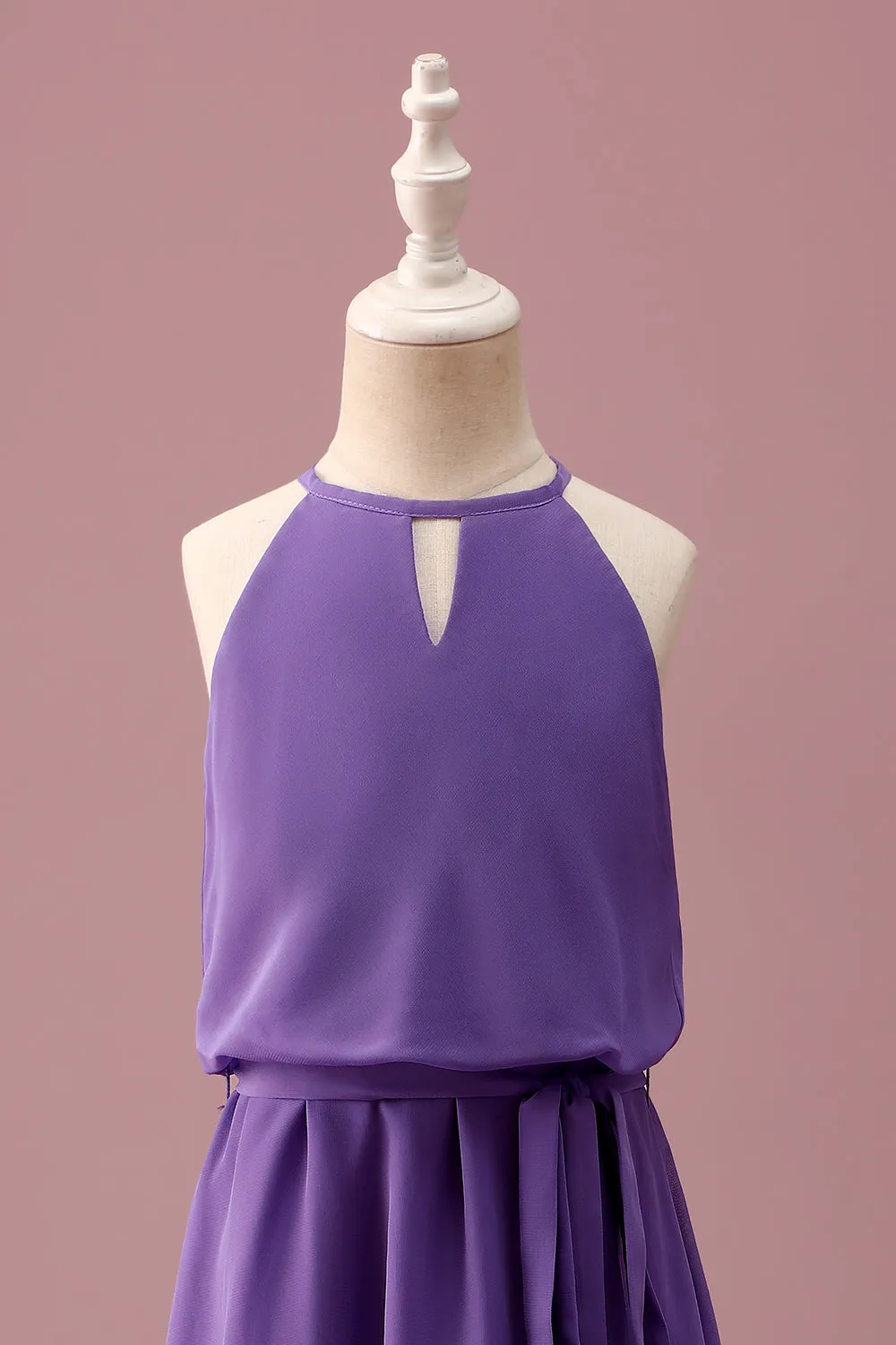 Purple Halter Keyhole A Line Short Junior Bridesmaid Dress with Belt sold by Zapaka product image thumbnail 4