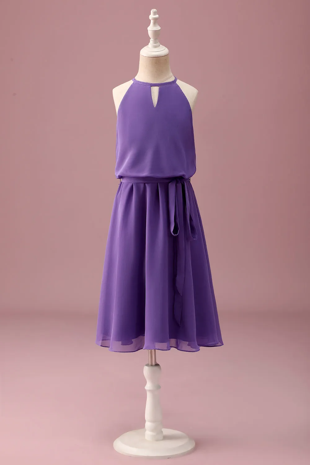 Purple Halter Keyhole A Line Short Junior Bridesmaid Dress with Belt sold by Zapaka