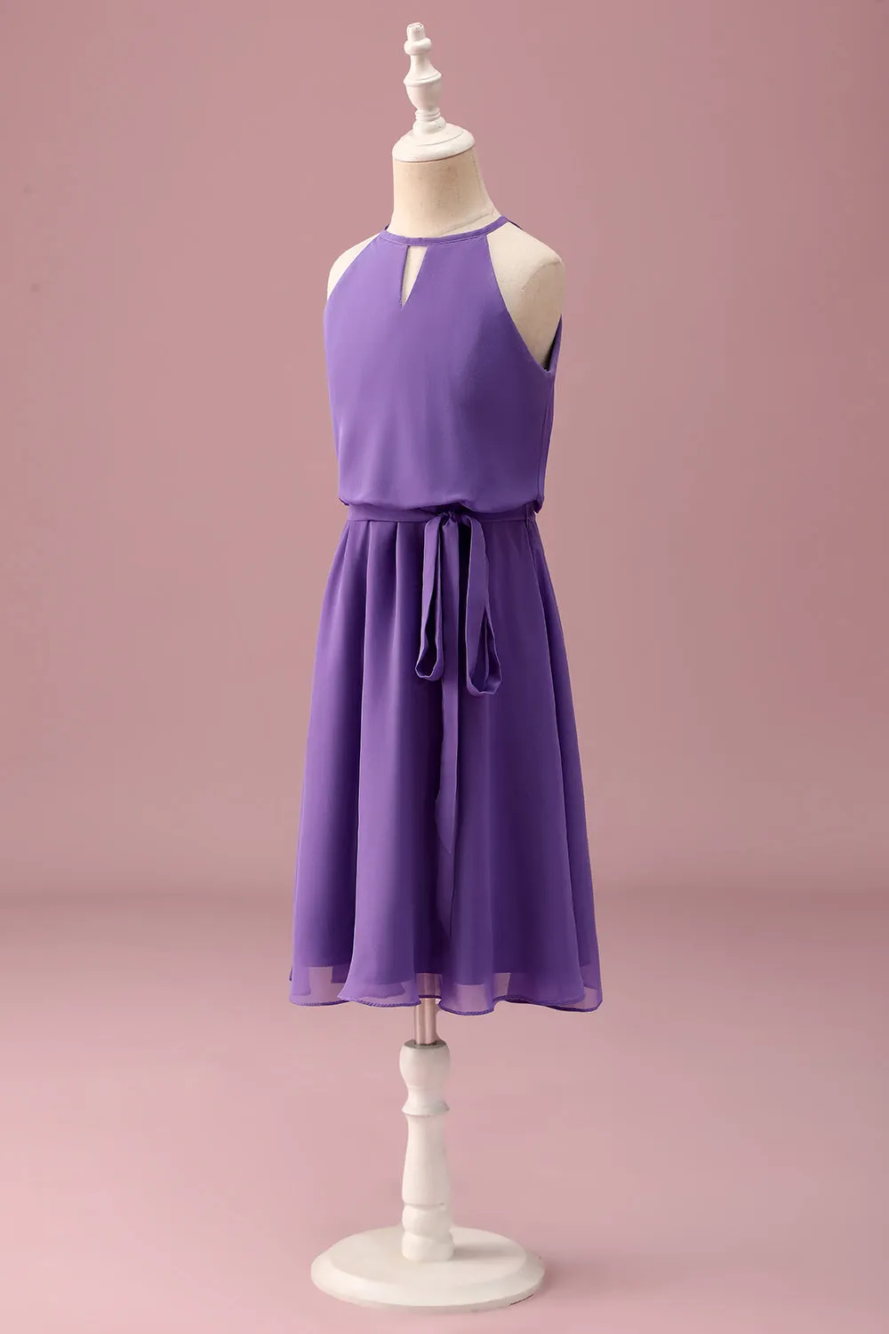 Purple Halter Keyhole A Line Short Junior Bridesmaid Dress with Belt sold by Zapaka product image thumbnail 3