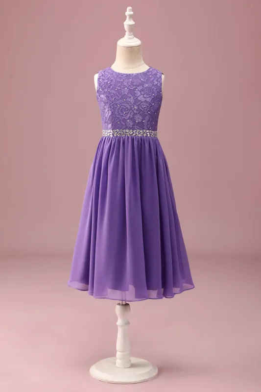 Purple Lace A Line Round Neck Short Junior Bridesmaid Dress with Rhinestone Belt sold by Zapaka