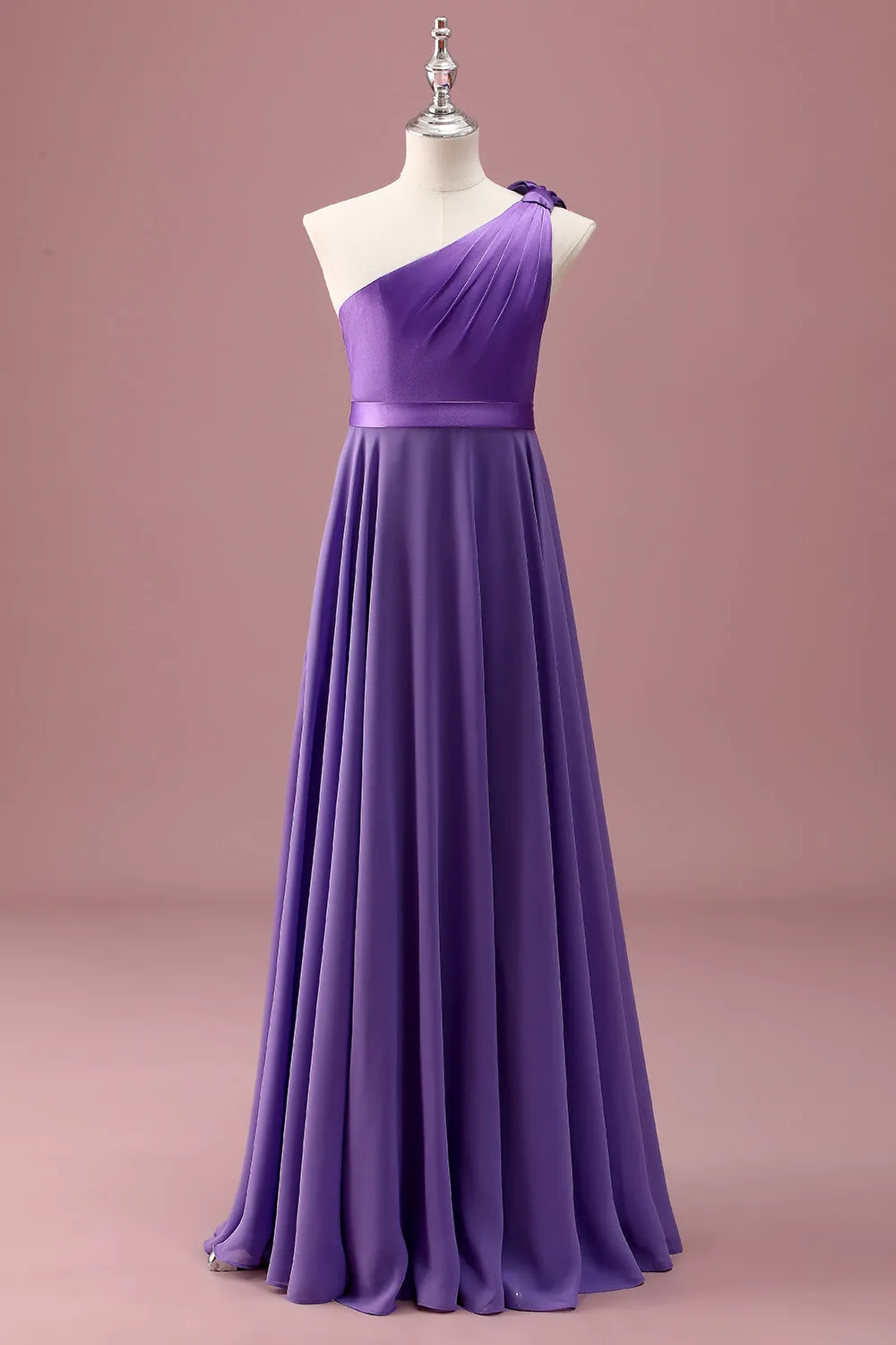 Purple One Shoulder A Line Pleated Chiffon Junior Bridesmaid Dress sold by Zapaka